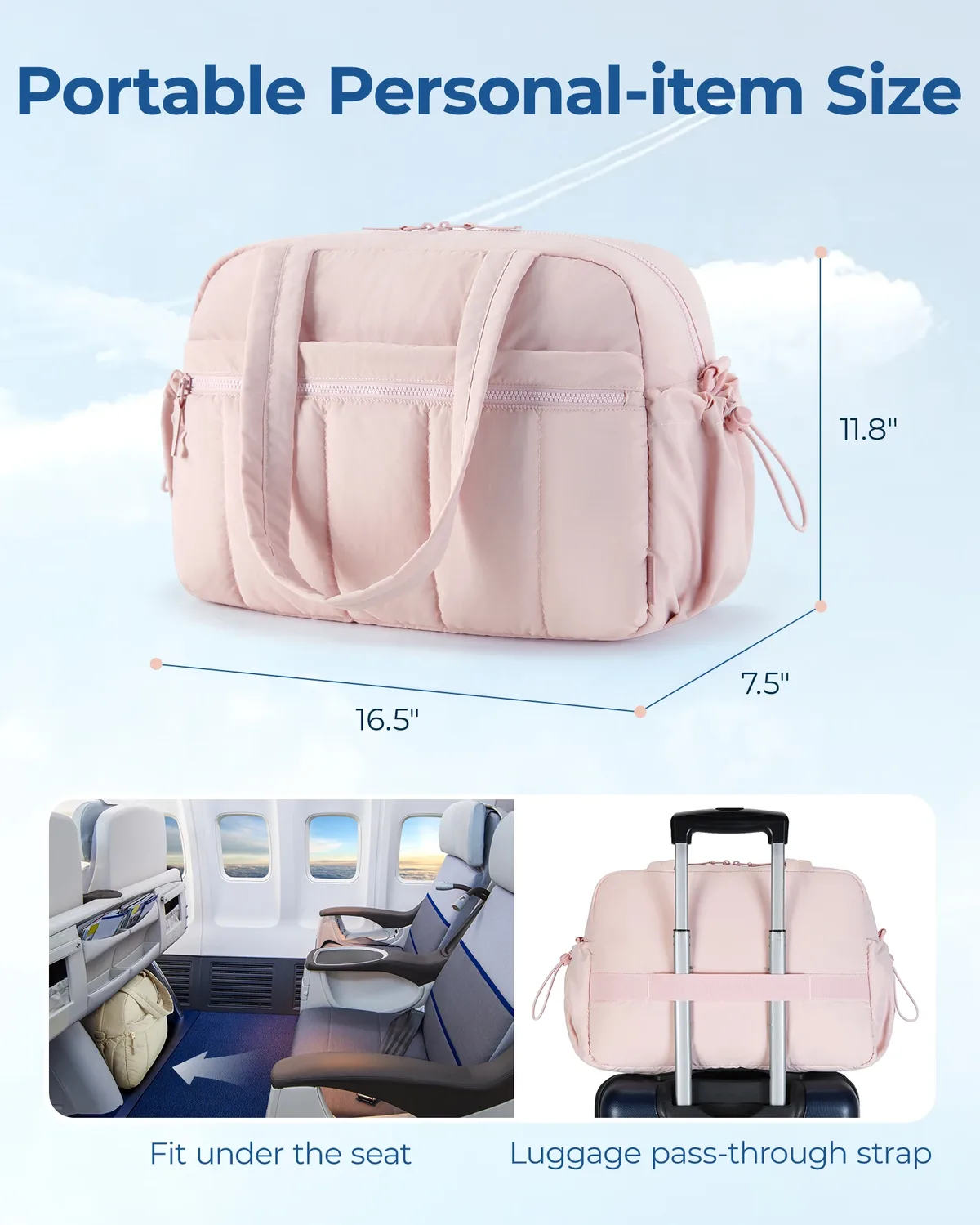 sac voyage polyester doux rose pâle blancs poignée bandoulière amovible compartiment humide week end sport yoga