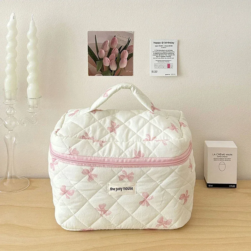 trousse de maquillage en coton matelassé pour femmes, trousse de toilette portable pour filles, trousse de maquillage à fermeture éclair, trousse de toilette à nœud mignon, sac à main pour gril à fleurs