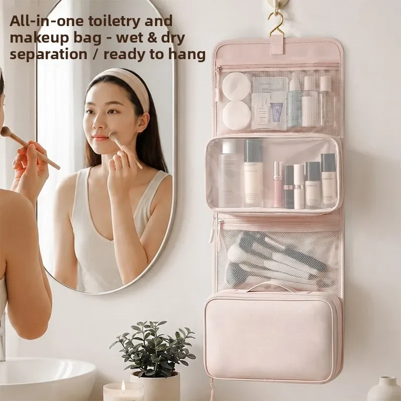 trousse de toilette suspendue grande capacité pour femme, organisateur de voyage imperméable avec séparation sec/humide, pochette de lavage pliable