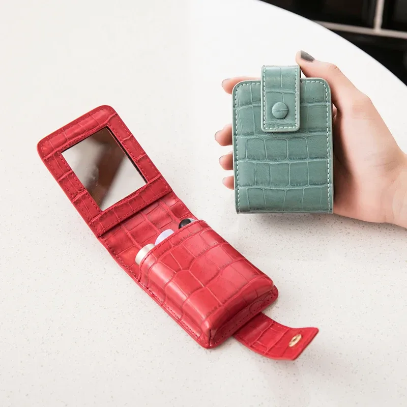 mini sac de rouge à lèvres portable avec miroir, petit sac à cosmétiques minimaliste avec bouton, mallette de rangement de maquillage pour femmes en relief crocodile