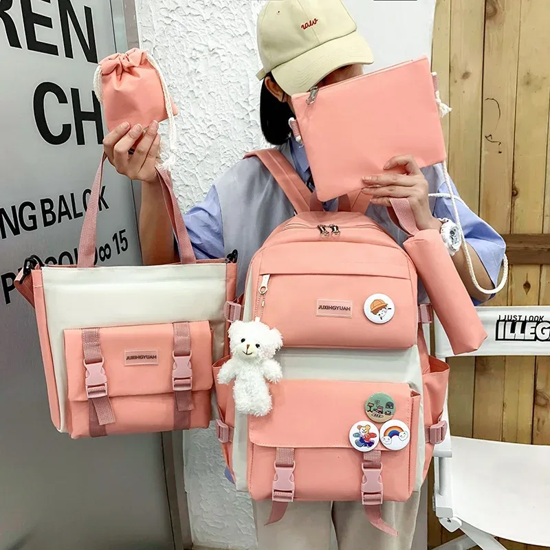 Sac à Dos d'École Multifonction pour Fille, Ensemble Combiné de 5 Pièces, Mode Coréenne Mochila Kawaii, Grande Capacité, Violet, Rose, 2024