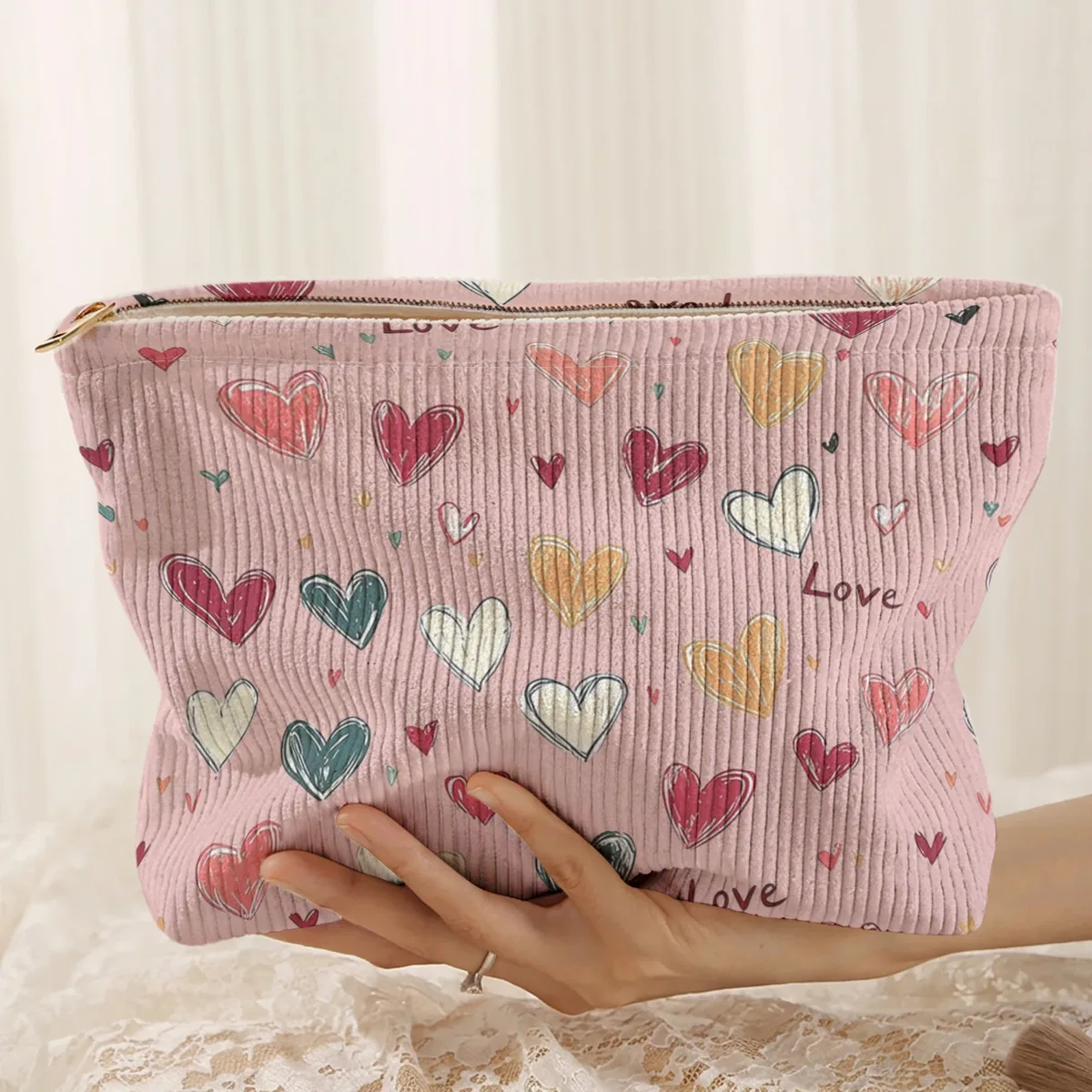1 pièce, sac de rangement portable pour cosmétiques avec motif de cœur coloré, imprimé double face, sac de maquillage de voyage à fermeture éclair
