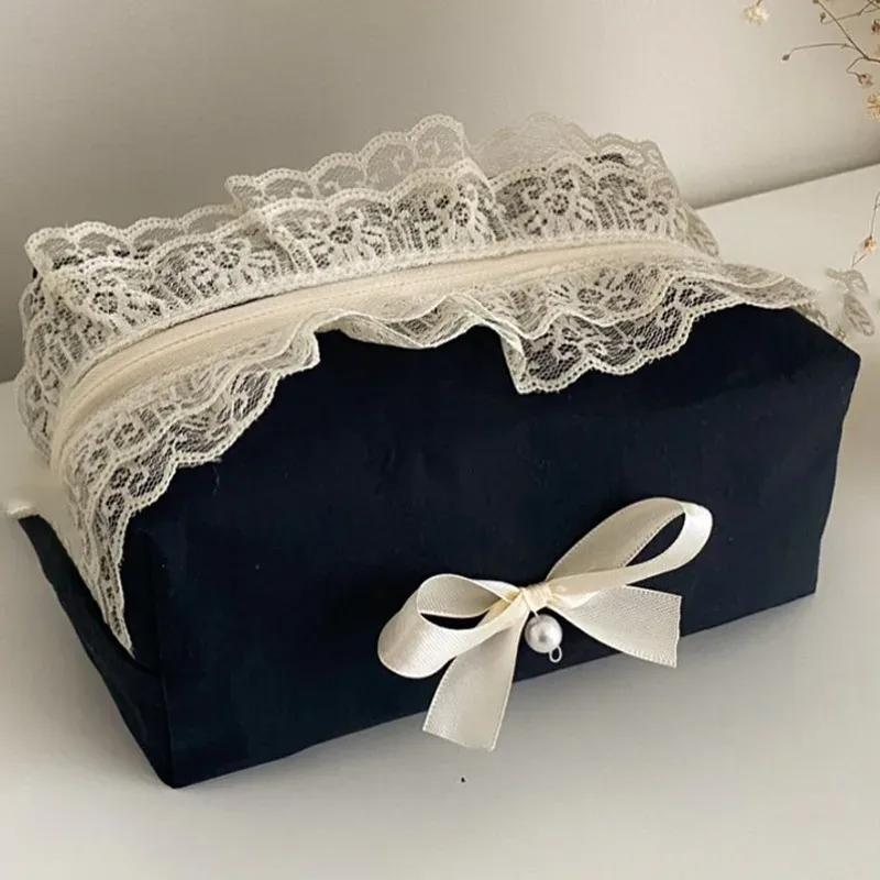 trousse de maquillage noire en dentelle avec nœud pour femme, grande capacité, sac de toilette de voyage, organisateur cosmétique mignon coréen, pochette portable pour femme