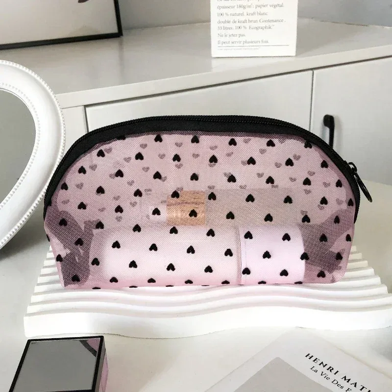 sac à cosmétiques en maille de nylon, organisateur de toilette en forme de cœur à fermeture éclair, sacs de maquillage multifonctionnels pour femmes, rouge à lèvres, clé, porte-monnaie