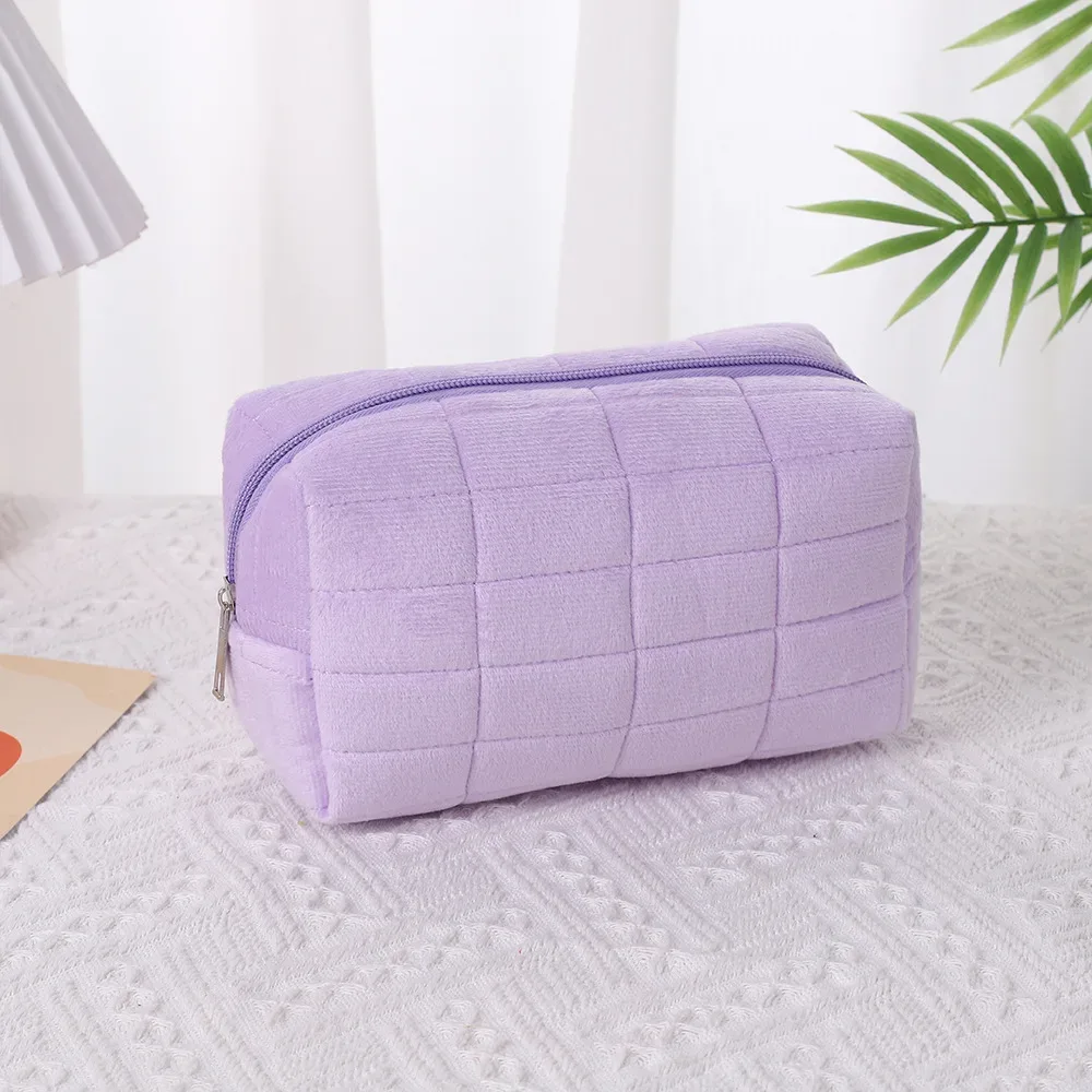 sac à cosmétiques à fermeture éclair de grande capacité en fourrure douce et moelleuse de couleur unie, trousse de toilette de voyage, trousse à crayons multi-usages