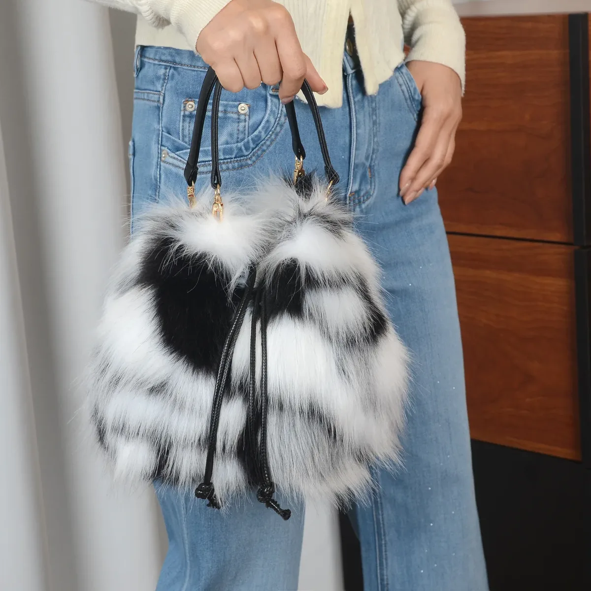 sac à main tendance en fausse fourrure pour femme, collection automne-hiver, sac seau de luxe, sac fourre-tout en fausse fourrure de raton laveur, sac à main haut de gamme