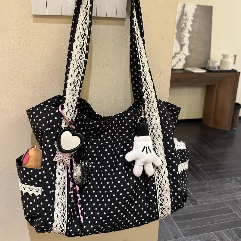 sac à bandoulière en toile vintage coréen pour femmes, fourre-tout en dentelle de grande capacité, sac à main multi-poches, sac sous les bras à points ronds