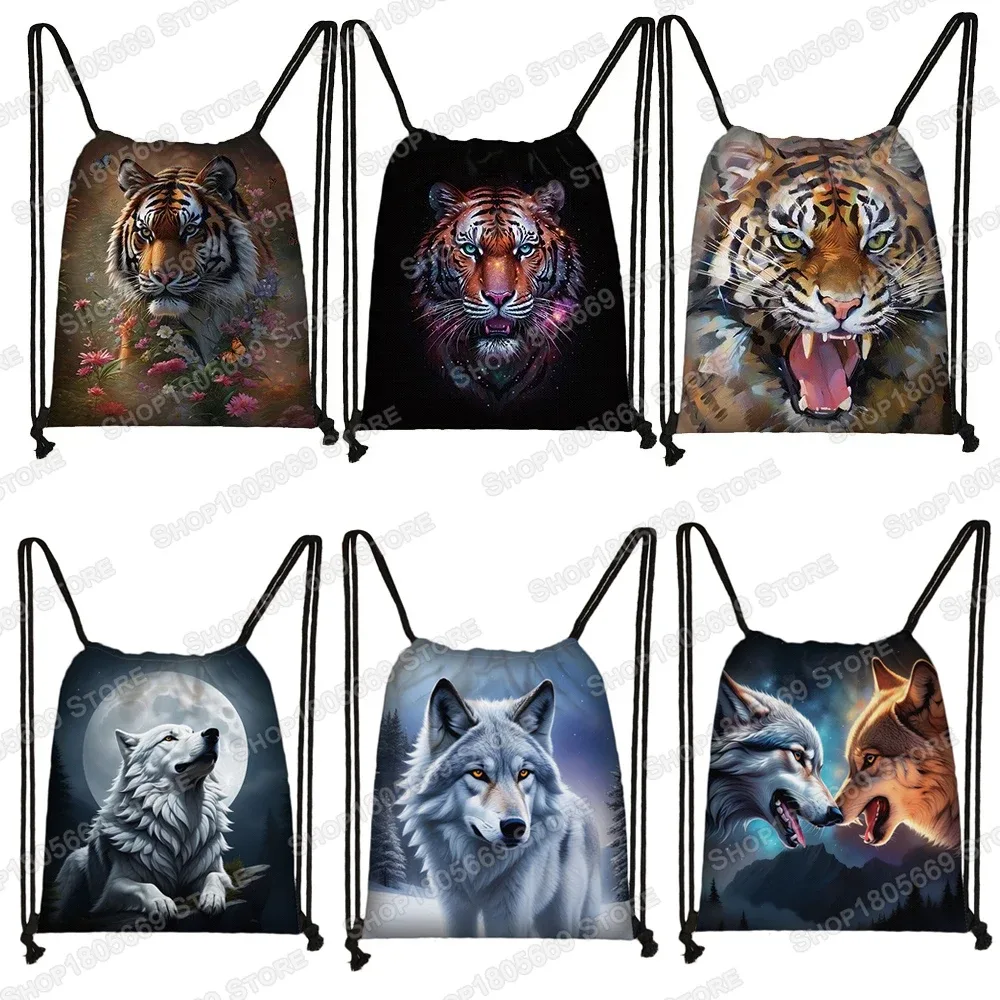 sac à dos loup hurlant sous le clair de lune et tigre coloré pour hommes et femmes, sacs à cordon de proximité en plein air, sacs de voyage pour étudiants