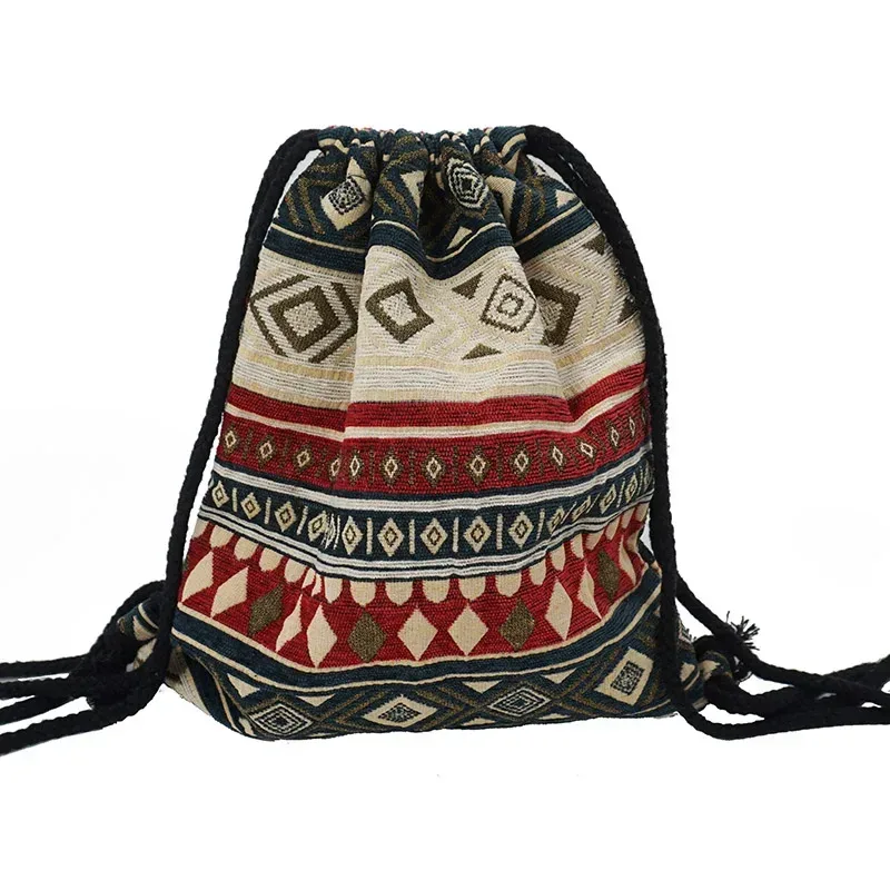 sac à dos en tissu pour femme 2026, style bohème chic, ethnique, tribal, ibiza, gypsy, aztec, doux, marron, avec cordon de serrage