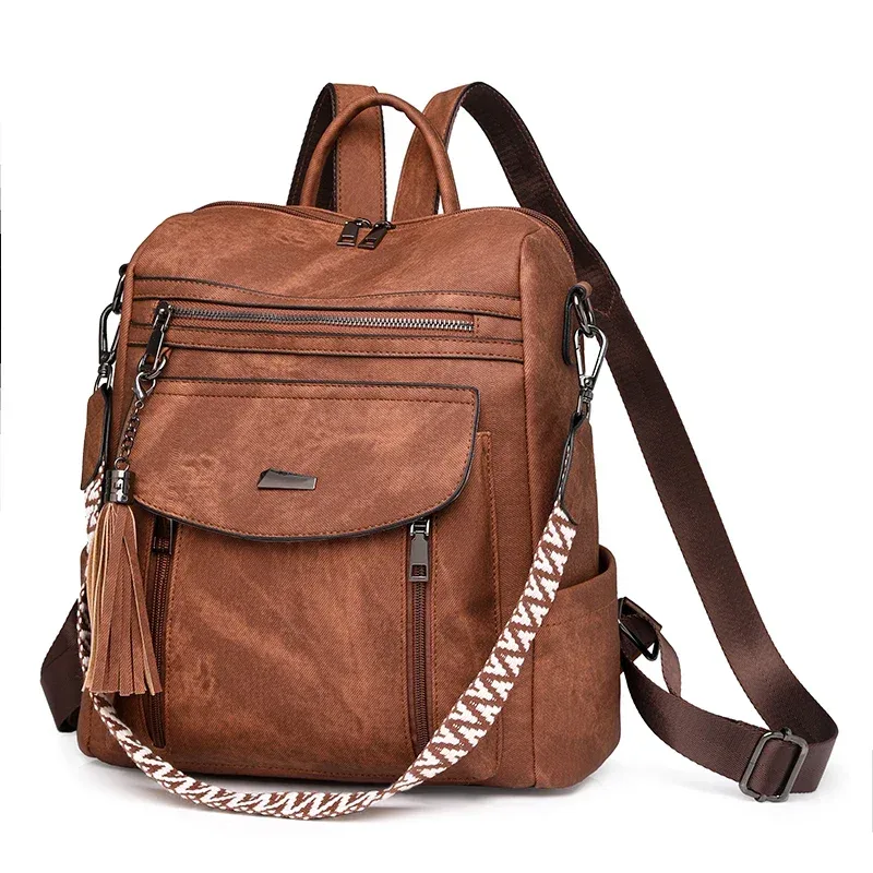 sac dos cuir texturé marron poches zippées ouvertes bandoulière arquée poche informatique imperméable jacquard vieille mode sac voyage femmes