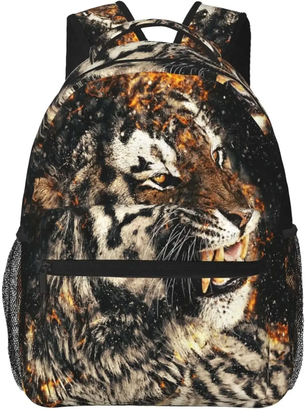 sac dos polyester imprimé tigre rayures noires orange fond beige poches latérales zip grande ouverture bandouliere chaîne usage voyage école randonnée camping
