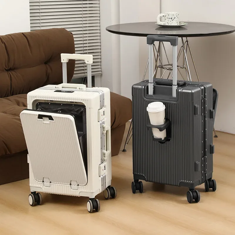 valise à cadre en alliage d'aluminium, poche d'ouverture avant avec prise de chargement usb, sac de boîtier de chariot à bagages roulant avec roue rotative