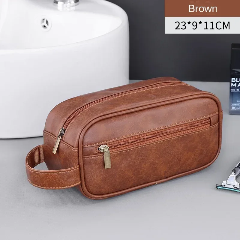 sac de lavage en cuir pour hommes, sac de voyage, voyages d'affaires, sac à cosmétiques portable, grande capacité, conception multi-poches, sac de lavage en cuir