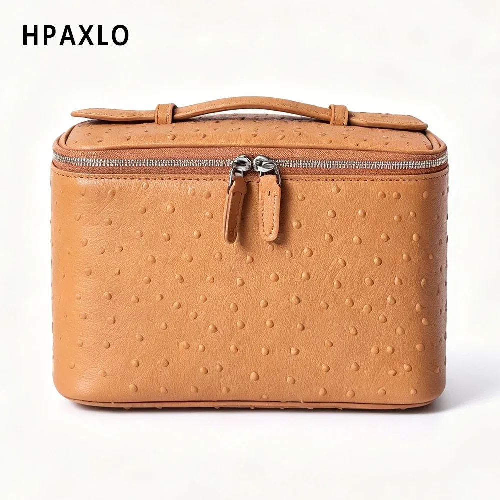 sac de toilette pour femme en cuir véritable à motif d'autruche, sac de voyage carré tendance, organiseur de cosmétiques, grand sac à cosmétiques, sac à main, neuf