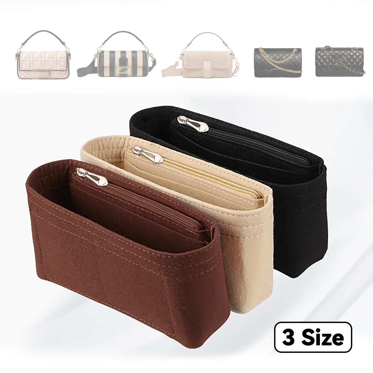 Organisateur Voyage Feutre Beige Compartiments Zippés Poches Latérales Sac Main Maquillage Accessoires Léger Pliage Transport