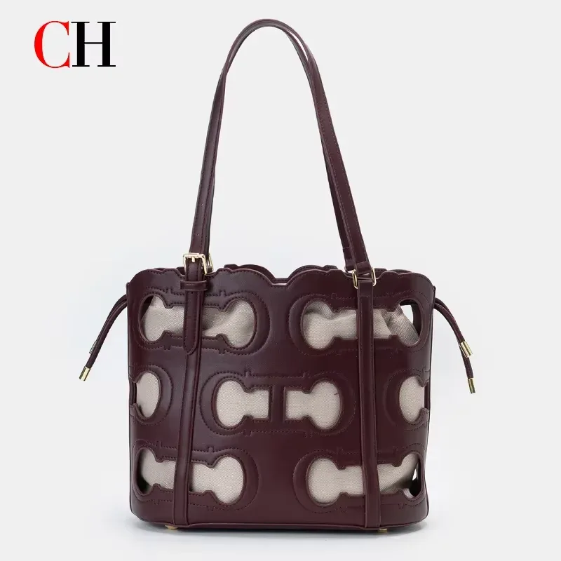 sac fourre-tout ajouré 2-en-1 ch pour femme, sac à bandoulière de luxe de créateur, sac seau rouge bordeaux pour le travail