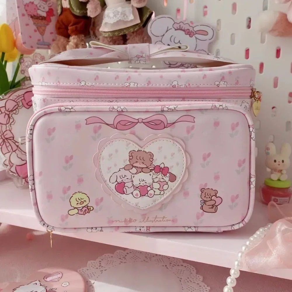 1 pièce Nouvelle Trousse de Maquillage Princesse Mignonne, Sac de Rangement Portable Forme Carrée Grande Capacité, Sac à Main Tendance en PU, Trousse de Toilette Portable