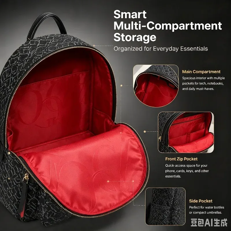 sac dos motif monogrammé fond noir poignées fermeture glissière intérieur rouge polyester voyage grande capacité unisexe
