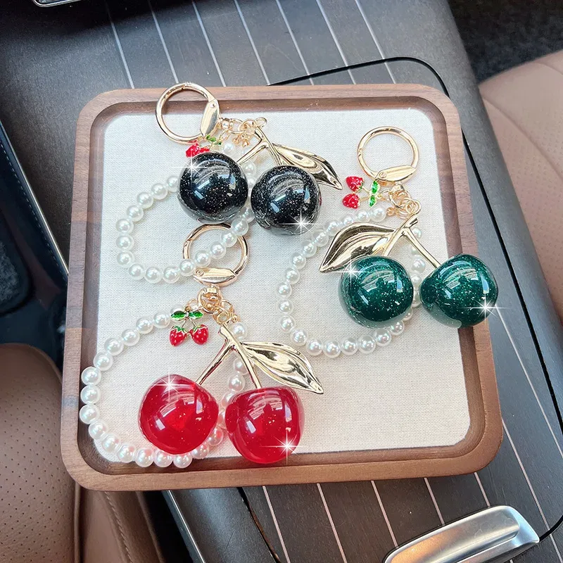 1pc porte-clés perles d'imitation cerise douce, pendentif de sac exquis, décoration pour sac à dos, accessoire de voiture, bijou cadeau