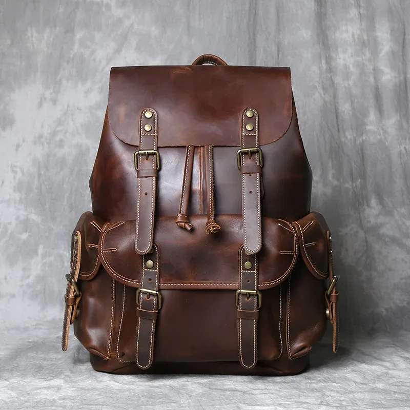 sac à dos rétro en cuir de cheval fou pour hommes, avec couche supérieure en cuir de vache, sac d'école de grande capacité, sac d'ordinateur portable, nzpj