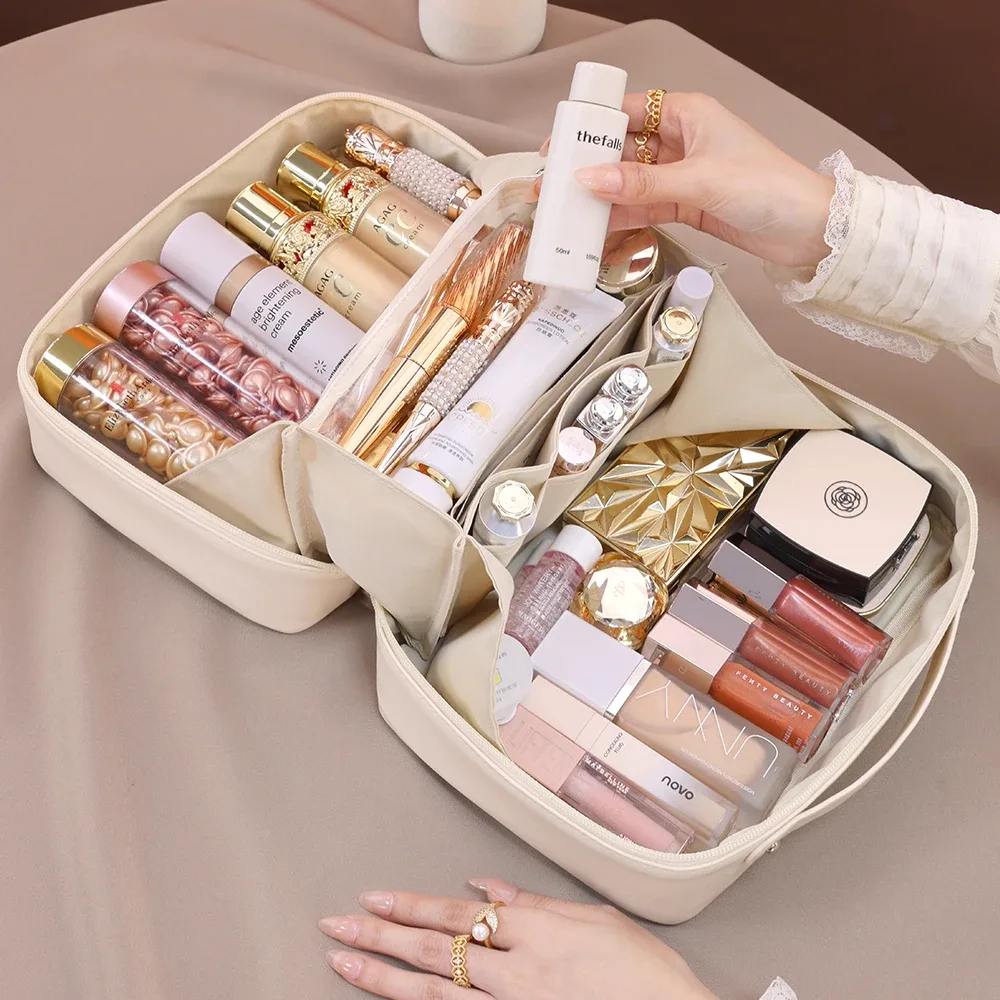 sac de maquillage en cuir pu étanche de grande capacité, sac de rangement de cosmétiques de voyage portable pour femmes, sac de lavage de soins de la peau