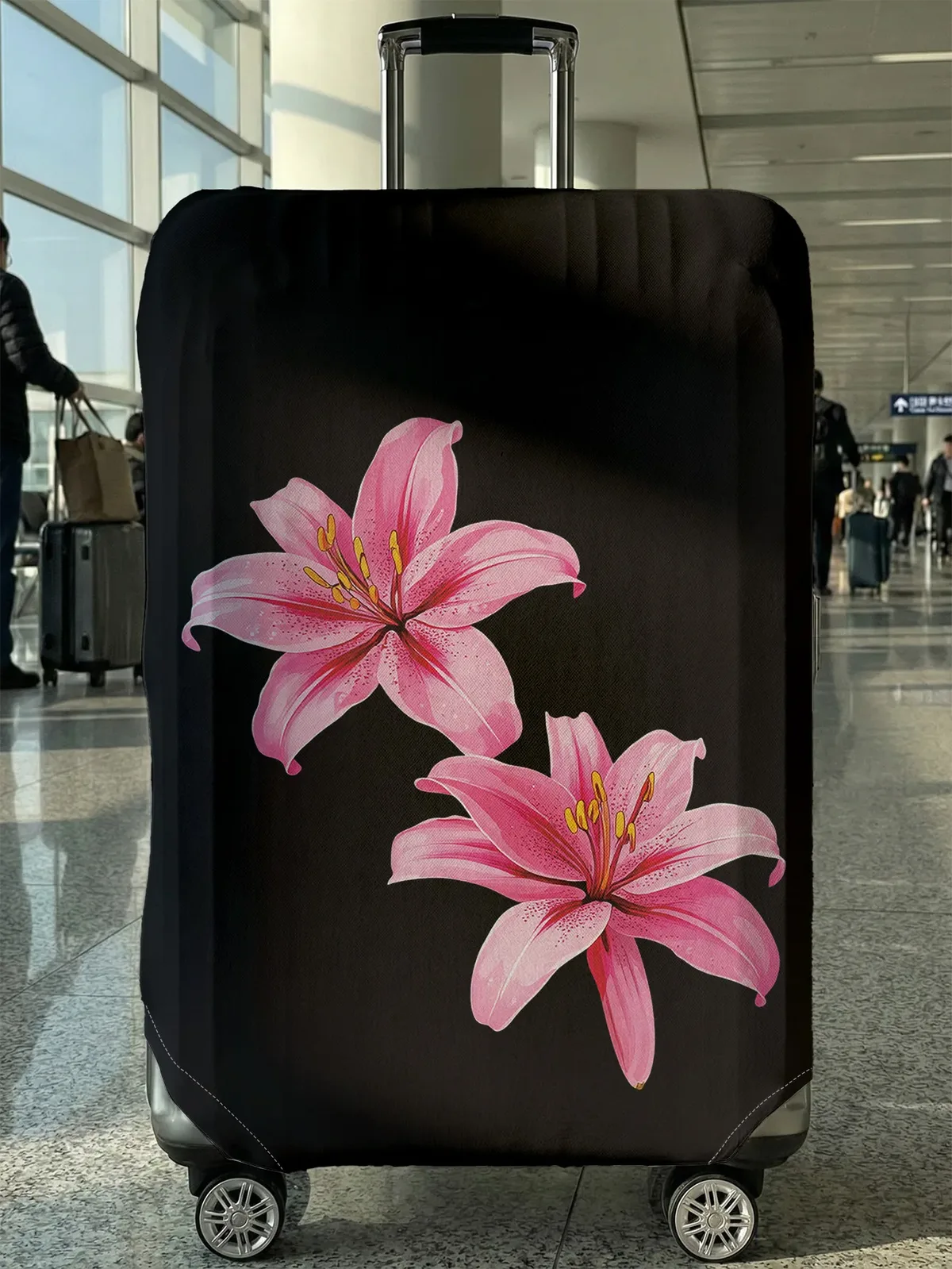 housse de bagage à motif de fleurs de lys roses sur fond noir, adaptée aux bagages de 18 à 32 pouces, protège-poignée de bagage, accessoires de voyage
