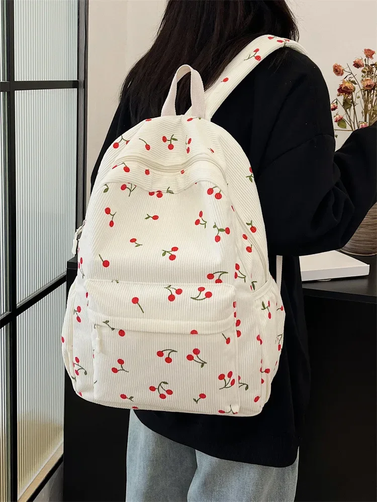 sac à dos personnalisé en velours côtelé cerise, sac de voyage universitaire brodé personnalisé, sac pour enfants avec toute lettre, cadeau de noël unique