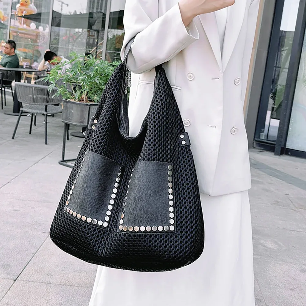 femmes fourre-tout sac style européen rivet conception évider sacs à bandoulière été en plein air décontracté grande capacité sac à bandoulière