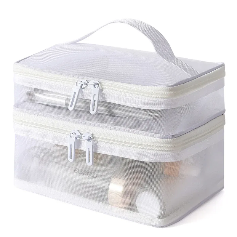 sac de rangement portable à 2 couches en maille avec fermeture éclair, trousse de maquillage à main, sac de voyage pliable transparent, pochette de toilette grande capacité