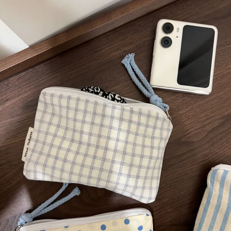 sac de maquillage portable pour femmes, organiseur de cosmétiques bleu à carreaux, portefeuille mignon, mini sac de rangement pour rouge à lèvres