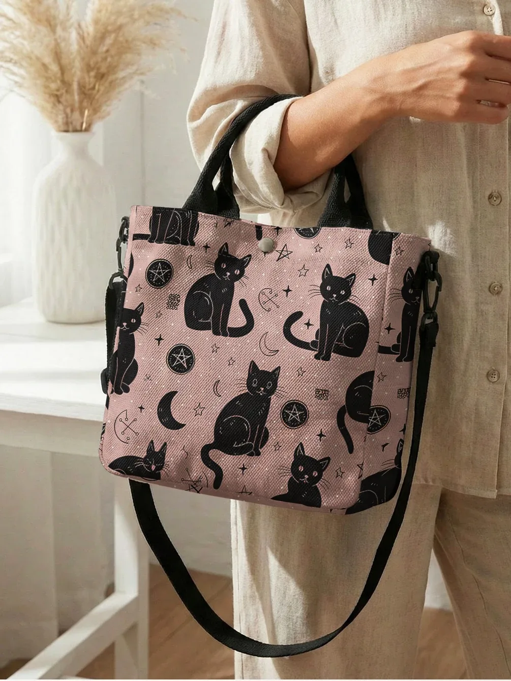 sac fourre-tout en toile rose imprimé lune et étoiles avec chat noir sorcière, bandoulière détachable, sac à main bandoulière pour femme, idéal pour le shopping quotidien