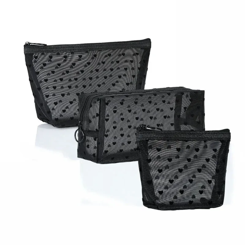 1 pièces sac de maquillage transparent pour femmes fille voyage stockage sac de lavage maquillage organisateur étui pochette amour coeur maille sac cosmétique