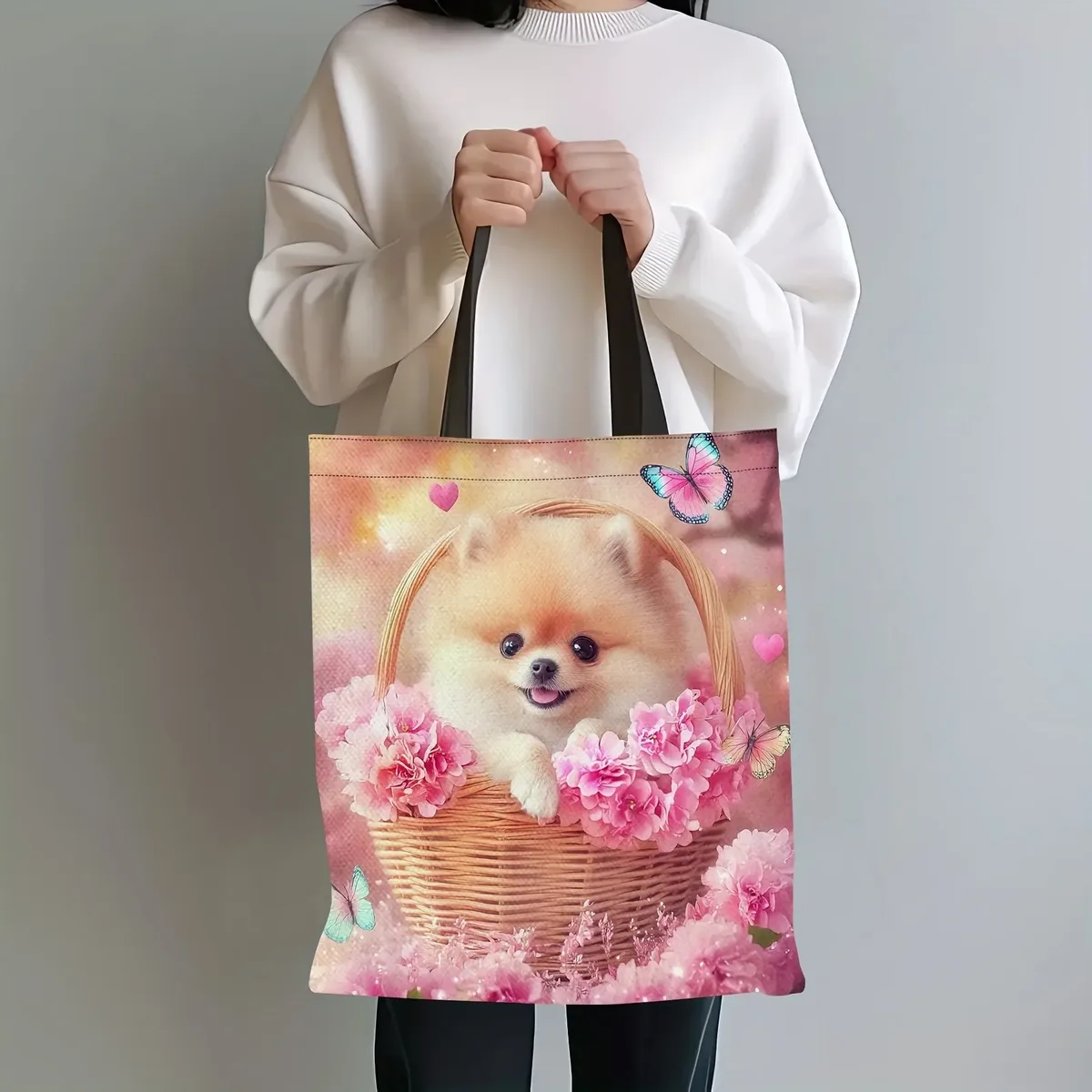 sac à main motif chien poméranien joyeux, imprimé panier de fleurs roses, sac fourre-tout en toile grande capacité, sac de shopping pratique.