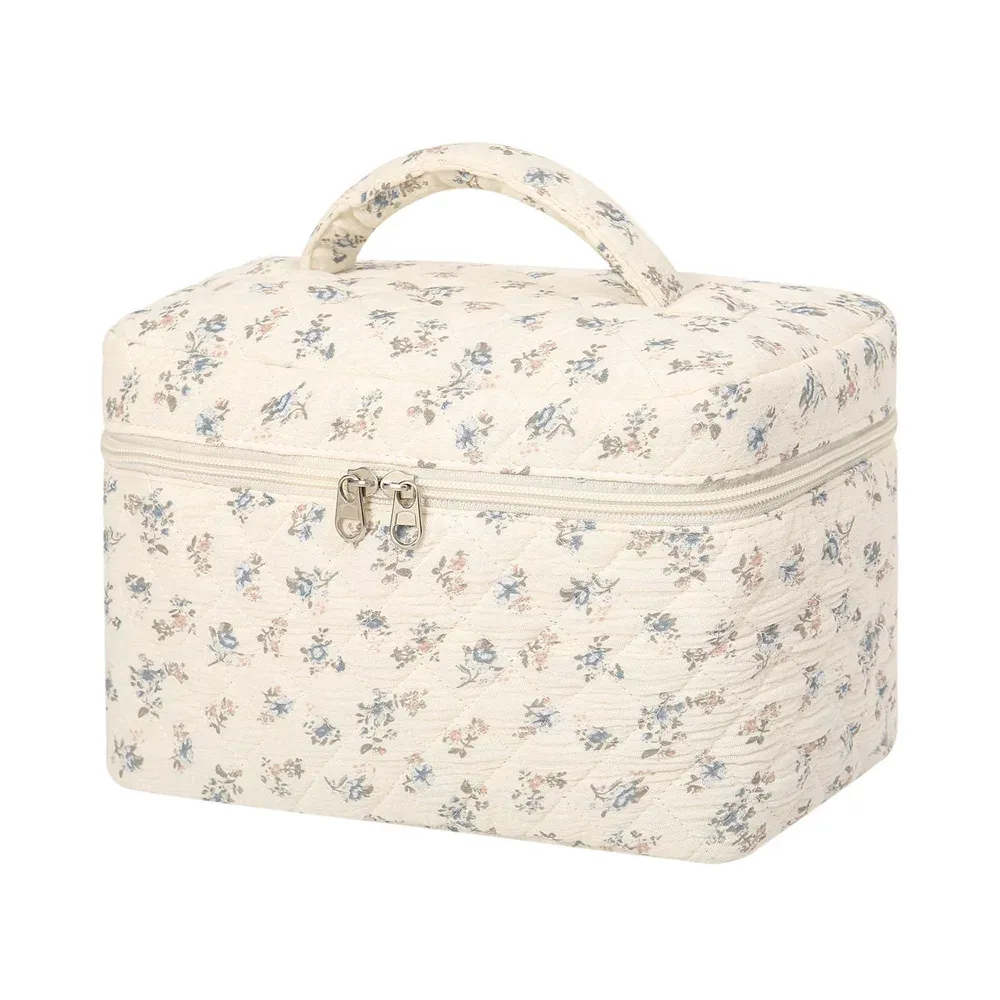 sac de maquillage à main avec nom brodé personnalisé, sac de rangement portable en coton floral de grande capacité, sac à cosmétiques de voyage en plein air