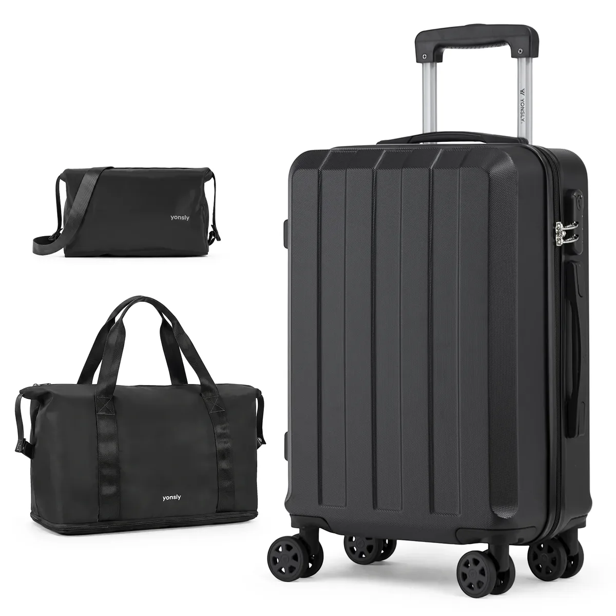 ensemble de 3 valises yonsly comprenant une valise de voyage extensible en nylon de 20 pouces, une trousse de toilette, une valise avec serrure à combinaison et 4 roulettes pivotantes à 360 degrés. °   roues, un spinner, un compartiment en maille et une poignée en caoutchouc souple pour les vacances