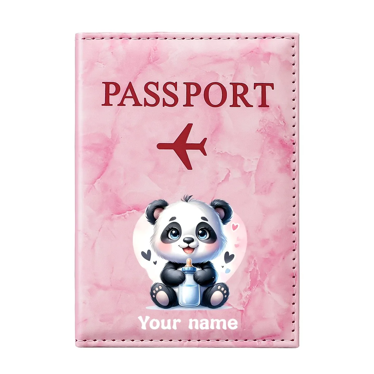porte-passeport personnalisé avec nom, design d'illustration de panda mignon, motif de panda adorables tenant un cœur