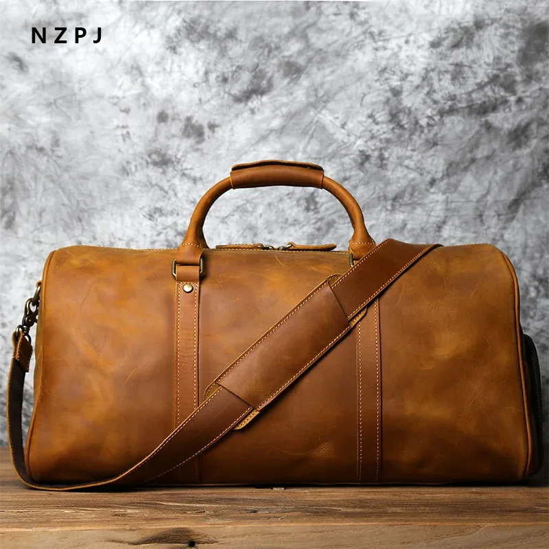 nzpj sac de voyage rétro en cuir pour hommes première couche de peau de vache sac de voyage de grande capacité sac à main de voyage d'affaires sac à bandoulière