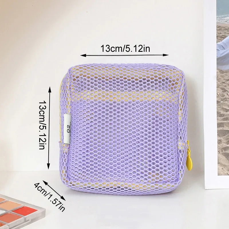 sac de rangement cosmétique carré portable avec fermeture éclair, sac cosmétique carré en maille, sac de rangement multi-usages pour articles divers