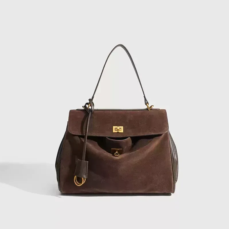 sac à main en cuir group pour femme, marque de luxe, marron, daim givré, fourre-tout localité, à la mode