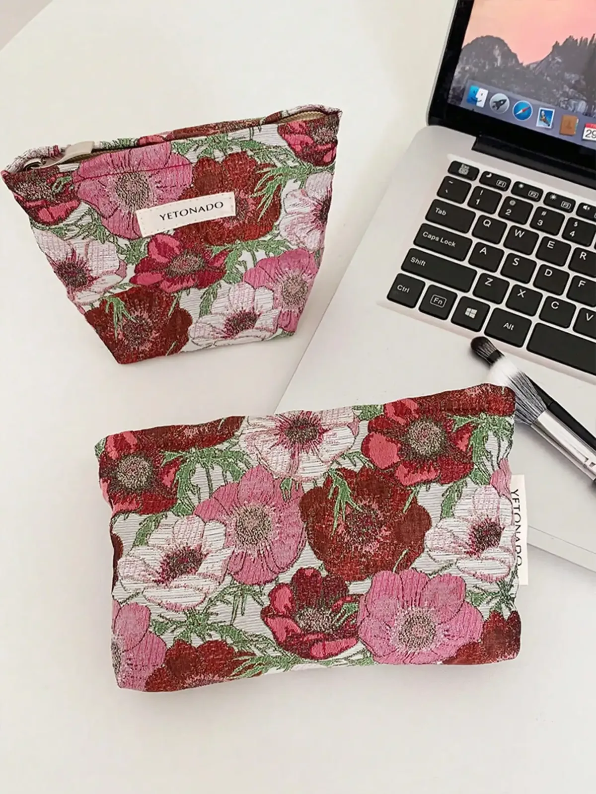 Trousse Polyester Motif Floral Rose Rouge Voyage Maquillage Toile Brillante Petit Rectangulaire Fermeture Glissière Dorée