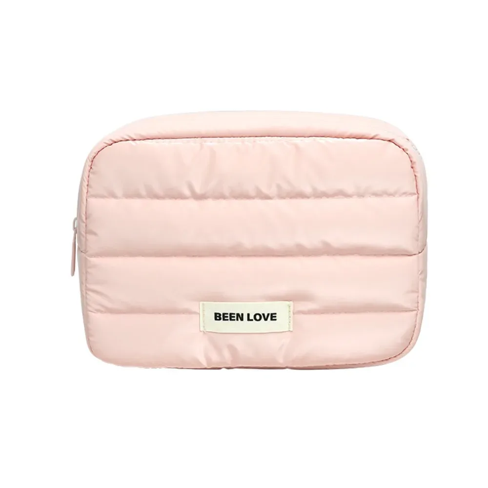 trousse de maquillage matelassée grande capacité couleur unie, sac de voyage doux et moelleux avec fermeture éclair pour soins de la peau