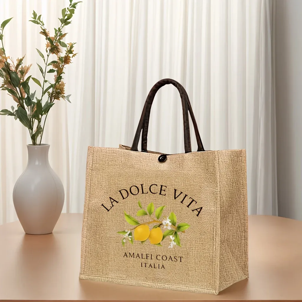 sac fourre-tout en lin la dolce vita lemon, imprimé côte d'amalfi italie, sac de plage réutilisable pour femmes, sac de shopping d'été