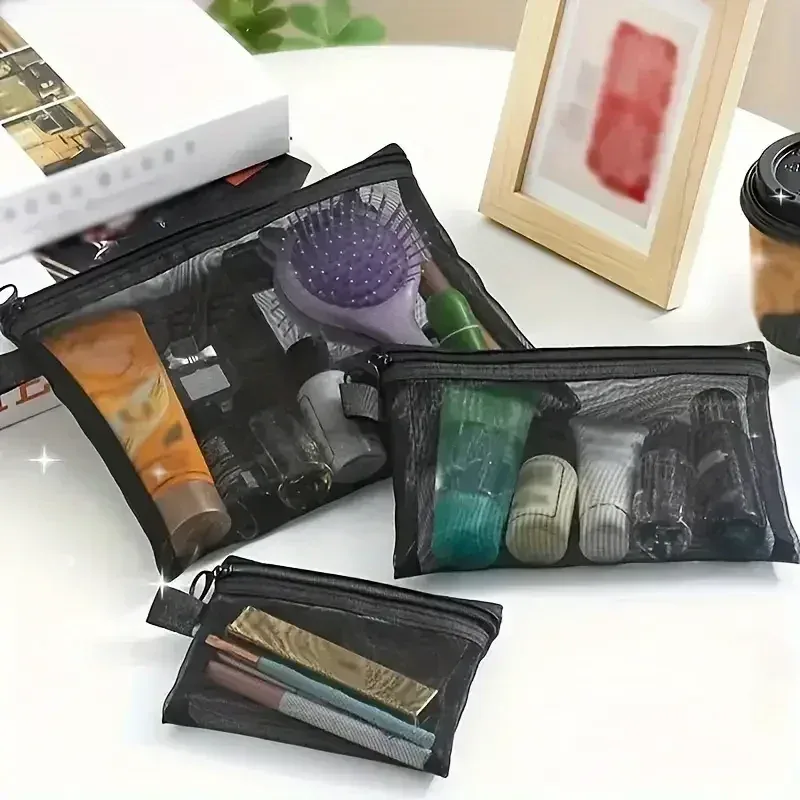 sacs à cosmétiques transparents en maille, 1 à 6 pièces, petits et grands organisateurs de maquillage noirs, trousse de toilette de voyage, ensemble de pochettes de rangement portables pour rouge à lèvres