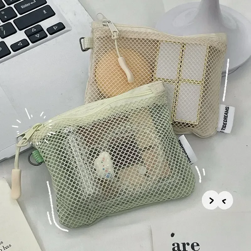 sac en maille de couleur unie, fermeture éclair double couche, mini sac de rangement pour articles divers, portefeuille portable, sac pour rouge à lèvres et cosmétiques