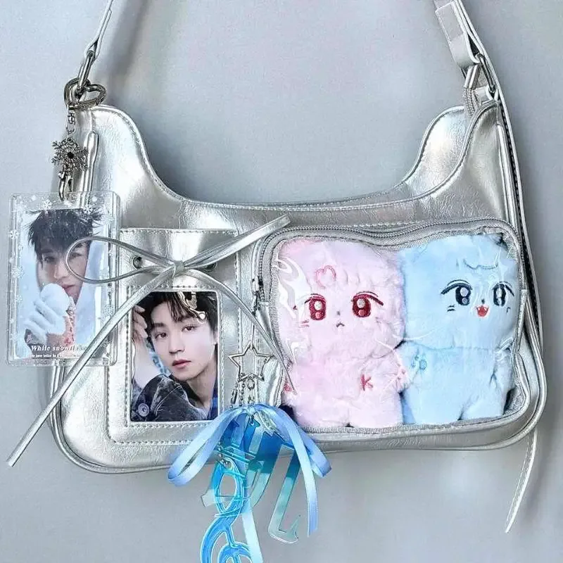 y2k mignon nœud ita sac fille transparent sac de messager femmes mode épaule sac à bandoulière ladys bricolage badge sac fourre-tout lolita sac à main