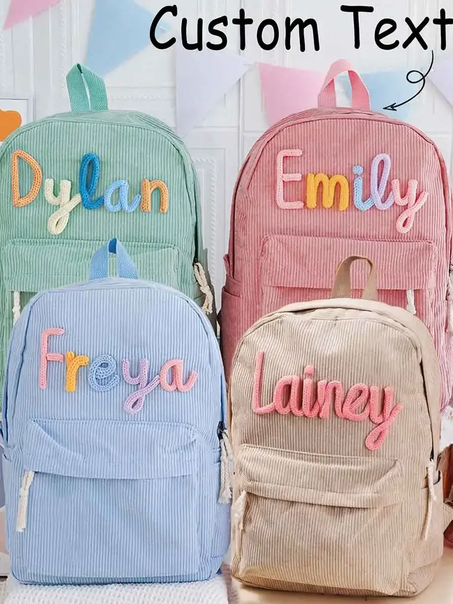 sac à dos personnalisé en velours côtelé pour hommes et femmes, lettres brodées à la main, sac à dos en tissu coloré, 1 pièce