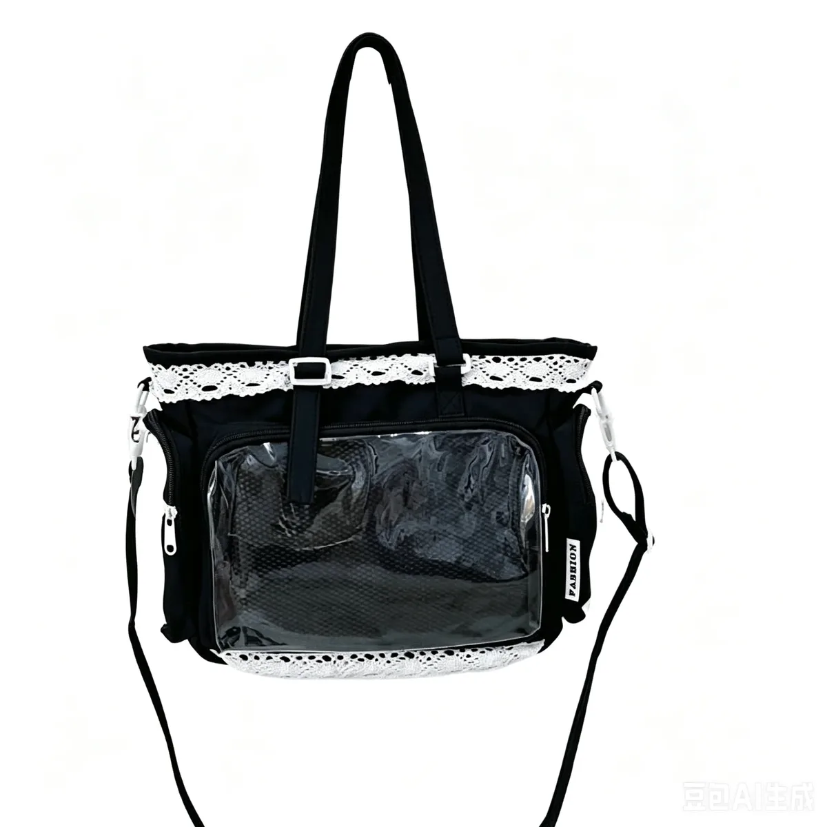 sac fourre-tout ita bag kawaii jaune en dentelle, grande capacité, avec fenêtre transparente pour l'affichage des badges anime, sac à bandoulière lolita mignon pour com