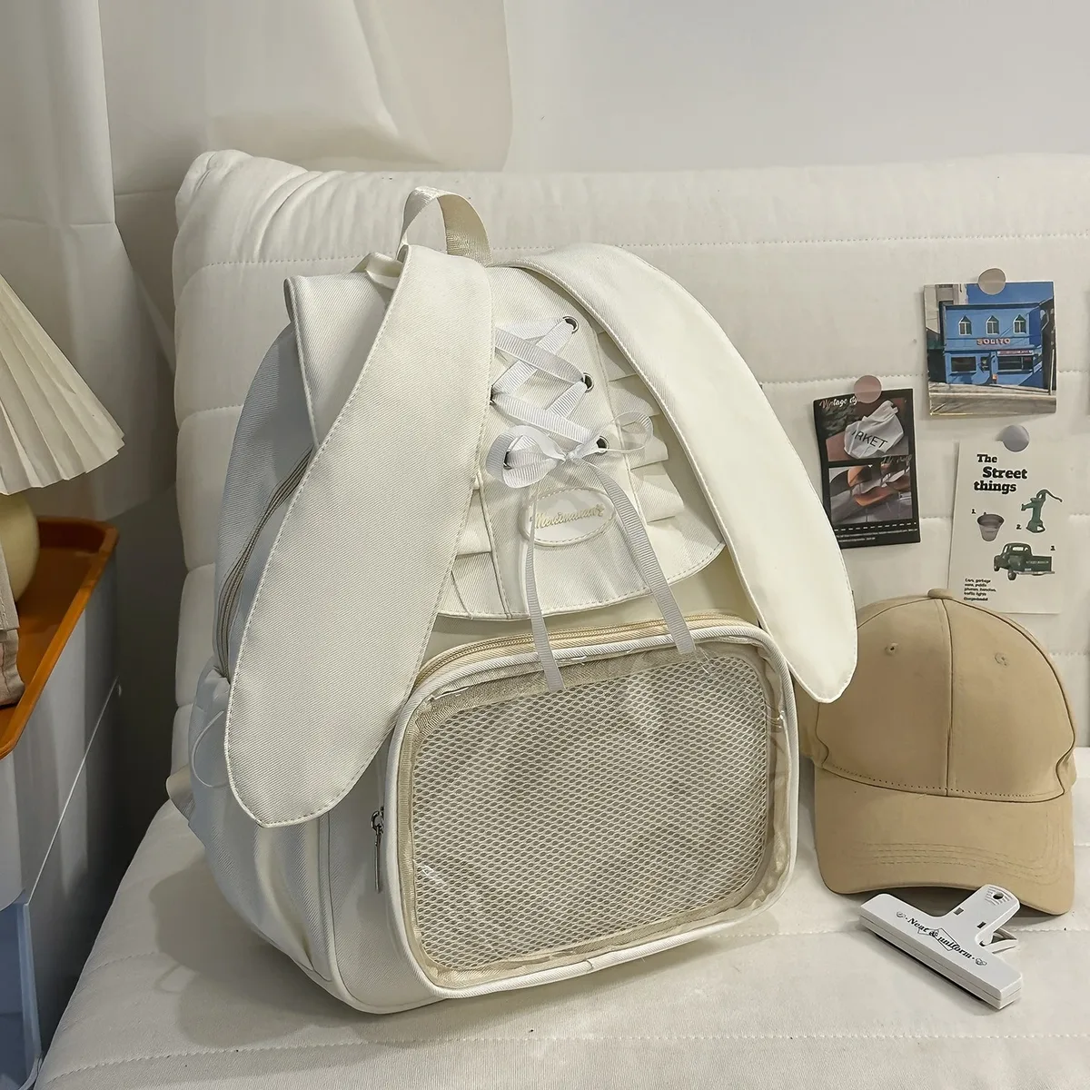 sac à dos transparent pour femmes et adolescentes, style ita bag avec oreilles de lapin et nœud, mignon