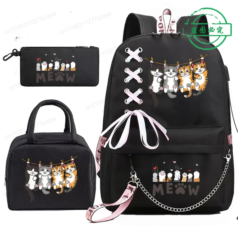 sac à dos scolaire pour étudiants et adolescents, sac à dos mignon kawaii avec motif de chat anime, sac à dos pour livres avec sacs à lunch portables, 3 pièces