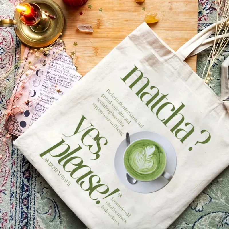 sac fourre-tout en toile à motif matcha latte, sac à bandoulière pour voyage, déplacements quotidiens, sac de courses réutilisable pour femmes, cadeau pour les amateurs de matcha, 1 pièce